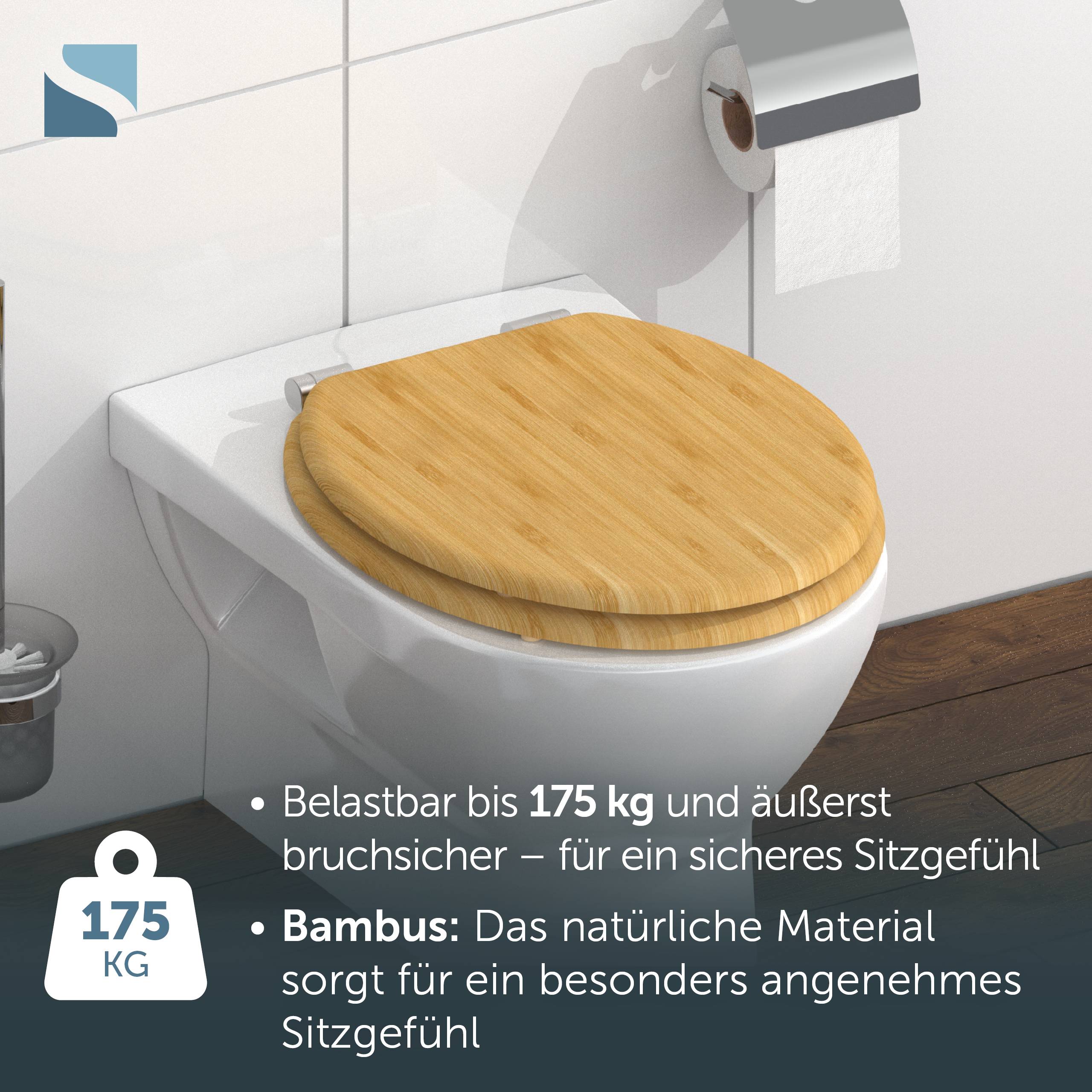Toilette mit einem Bambussitzdeckel in einem Badezimmer; überlagert Text besagt, dass sie bis zu 175 kg trägt und extrem bruchsicher ist, mit Bambus für komfortables Sitzen.