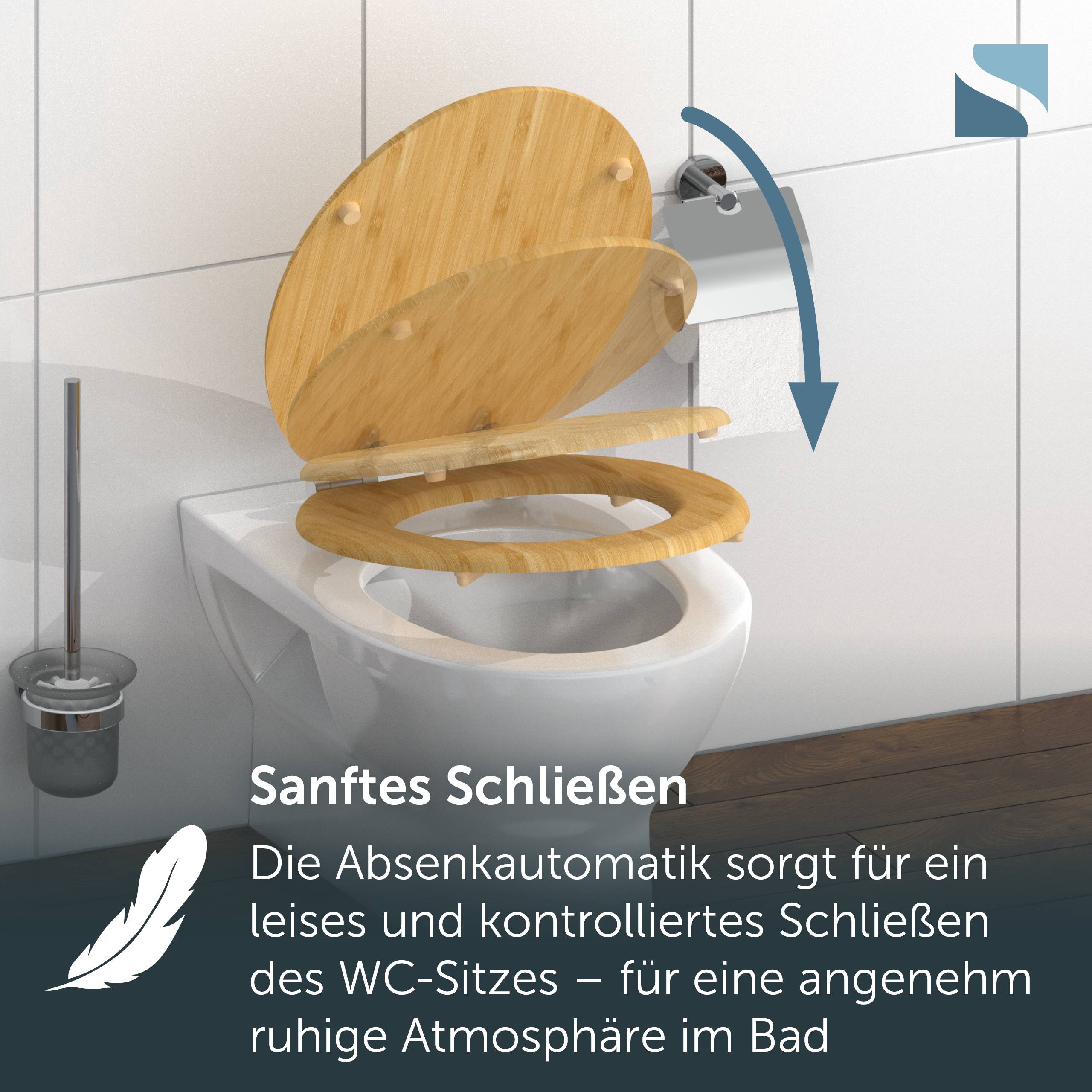Der Toilettensitz schließt sich sanft und automatisch mit einem Soft-Close-Scharnier; der deutsche Text erklärt das ruhige, kontrollierte Schließen für eine entspannte Badezimmeratmosphäre.