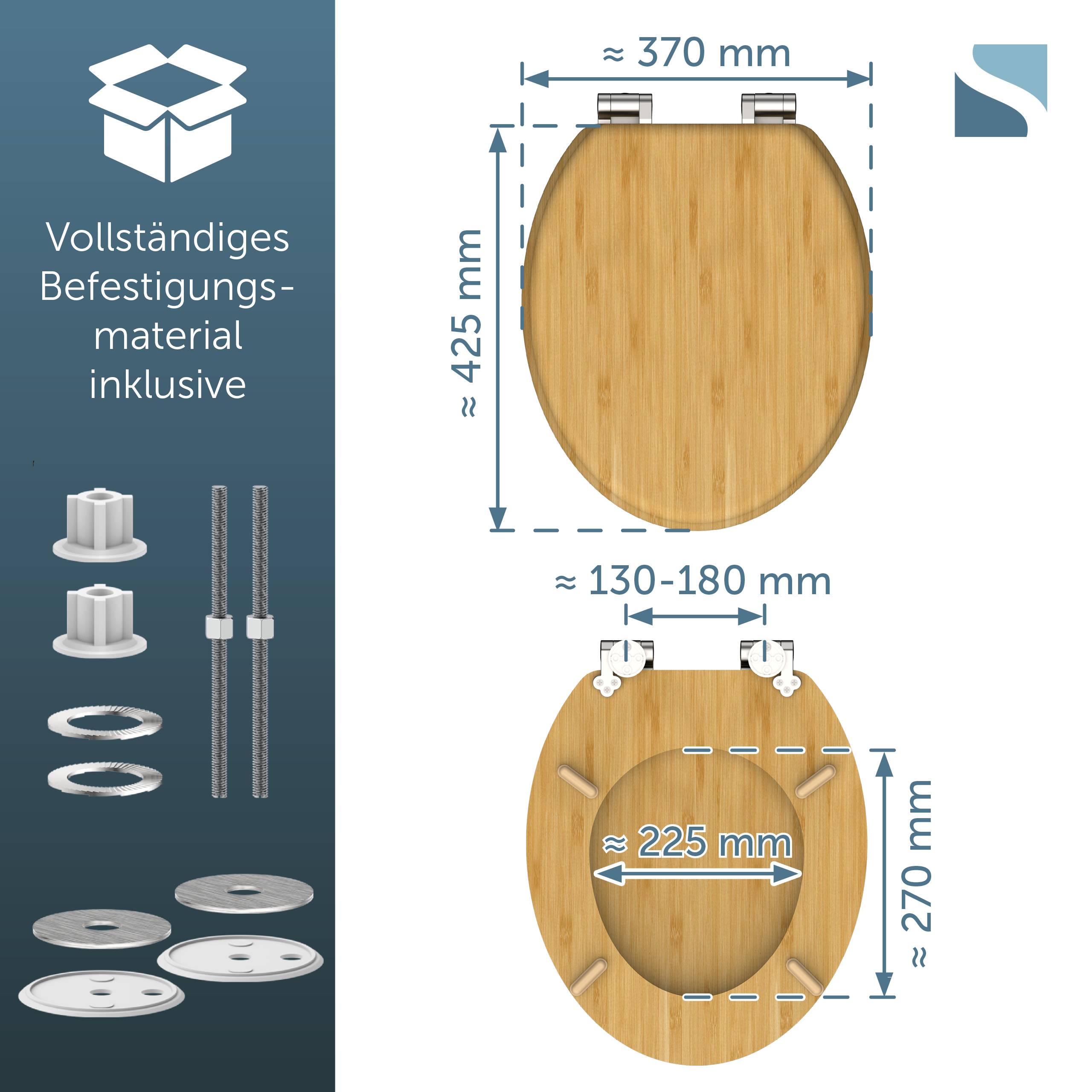 Diagramm mit Toilettensitz-Montagehardware und Abmessungen: komplettes Montagesatz enthalten, mit Sitzmessungen von etwa 370 mm Breite, 425 mm Länge und 230 x 270 mm Innengröße, sowie verstellbarem Scharnierabstand.