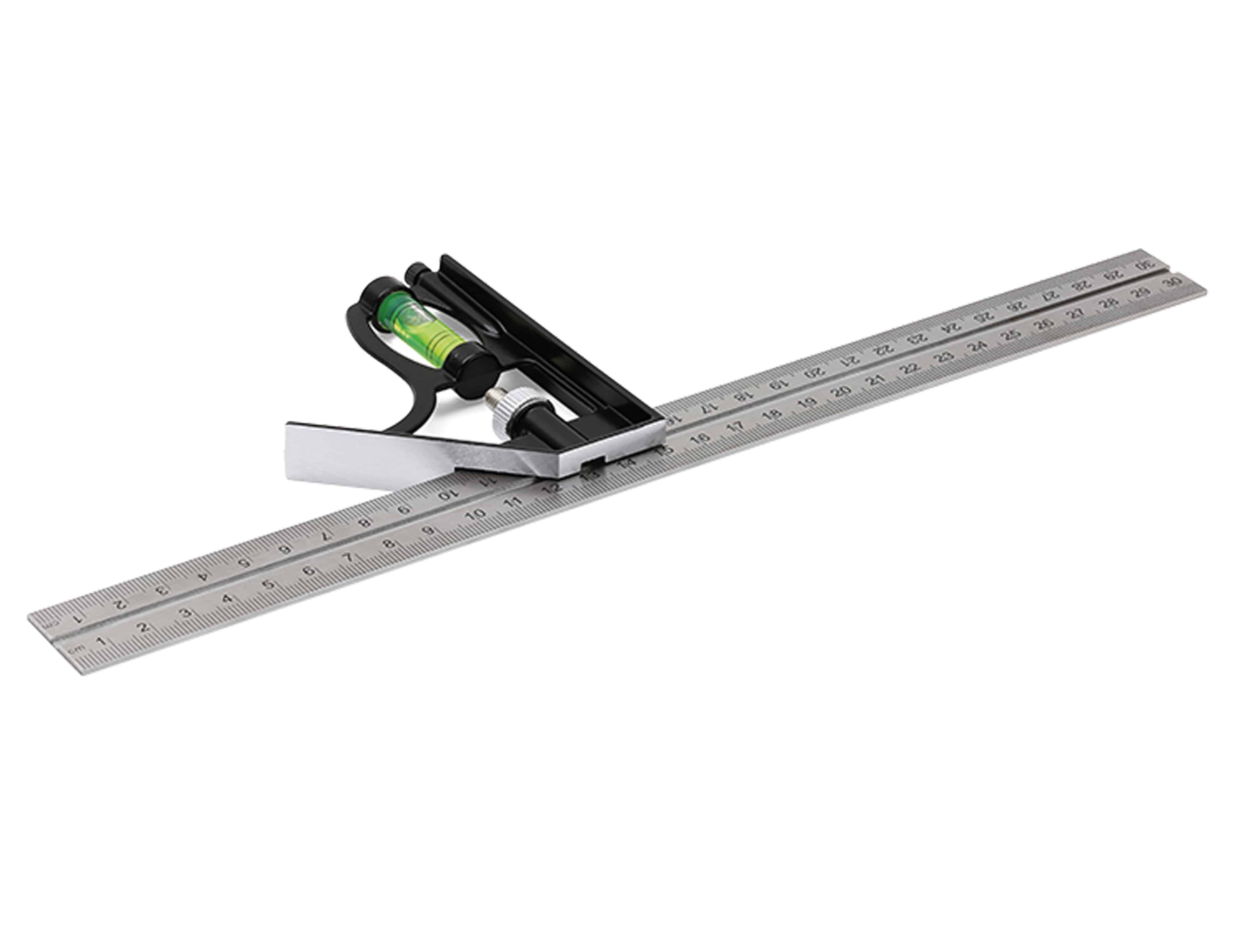 Ein Stahllineal-Stahlkombiwinkel mit Lineal und eingebautem Wasserwaage, verwendet zum Messen und Markieren von Winkeln im Bauwesen oder in der Zimmerhandwerk.