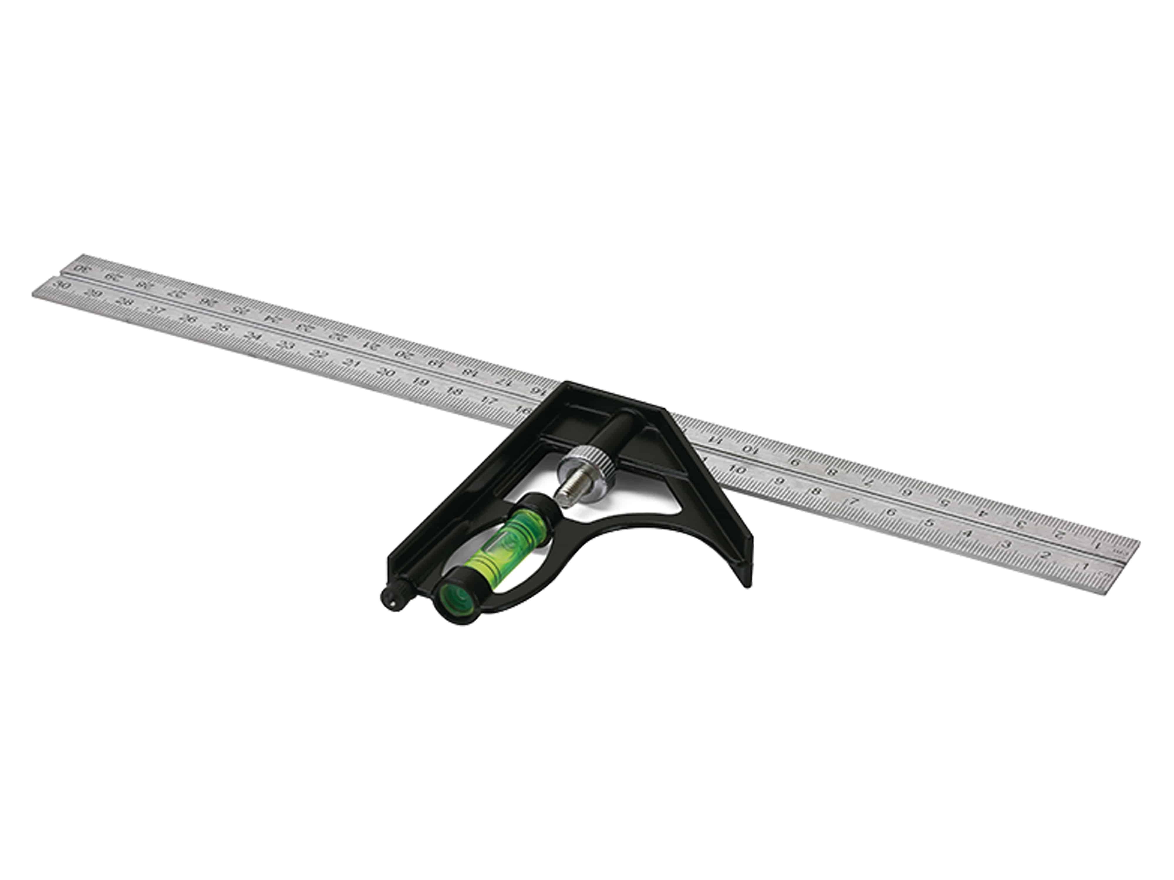 Ein Stahlwinkelmesser mit integrierter Wasserwaage und Lineal, verwendet zum Messen und Markieren von Winkeln und geraden Linien.