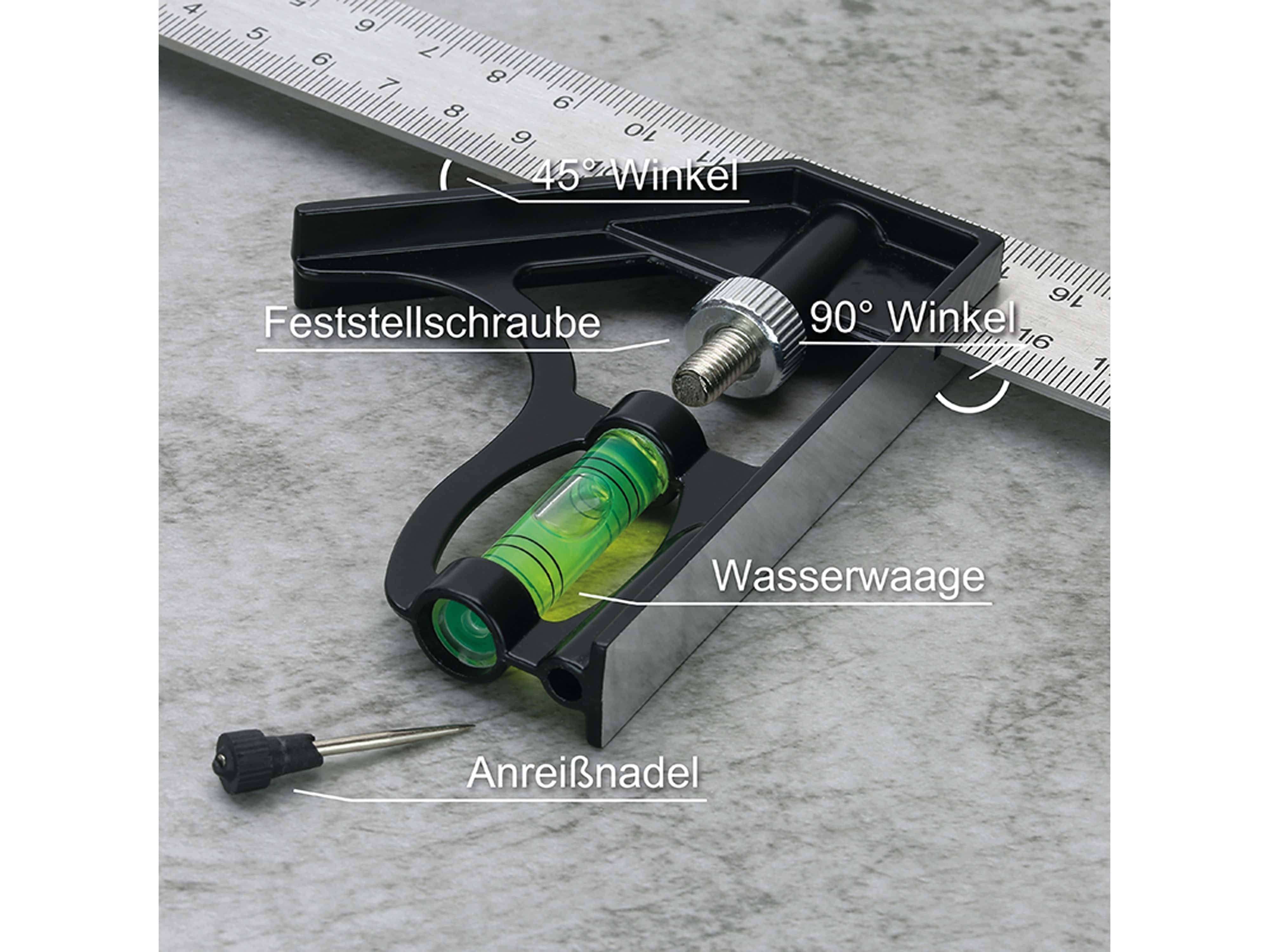 Ein Stahlwinkelmesser mit markiertem Lineal, einer 45°- und 90°-Winkelmarkierung, einer eingebauten Wasserwaage und einem abnehmbaren Anreißer für präzise Messung.