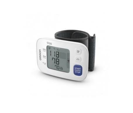 Digitales Omron-Blutdruckmessgerät für das Handgelenk mit Manschette, zeigt einen Messwert von 118 zu 78 und Puls 79.