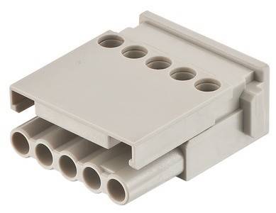 Ein beiger Kunststoff-Elektrostecker mit fünf zylindrischen Buchsen, der zum Verbinden elektrischer Schaltkreise entwickelt wurde.