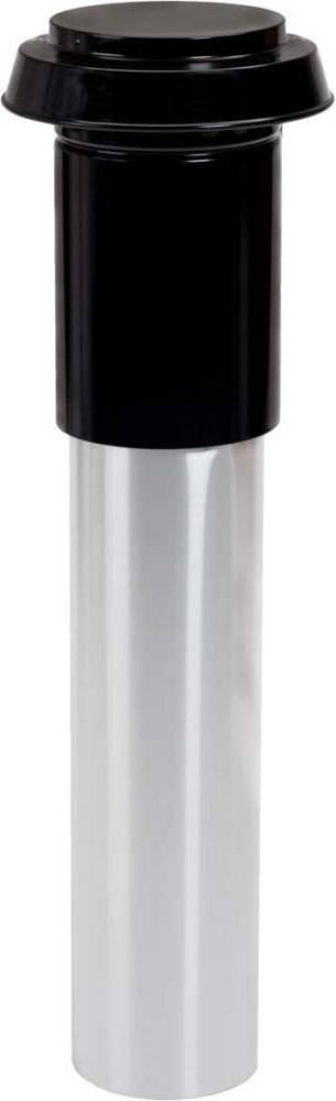 Ein zylindrischer Metallpfosten mit einer schwarzen Kappe, möglicherweise Teil einer Absperrung oder eines Zauns.