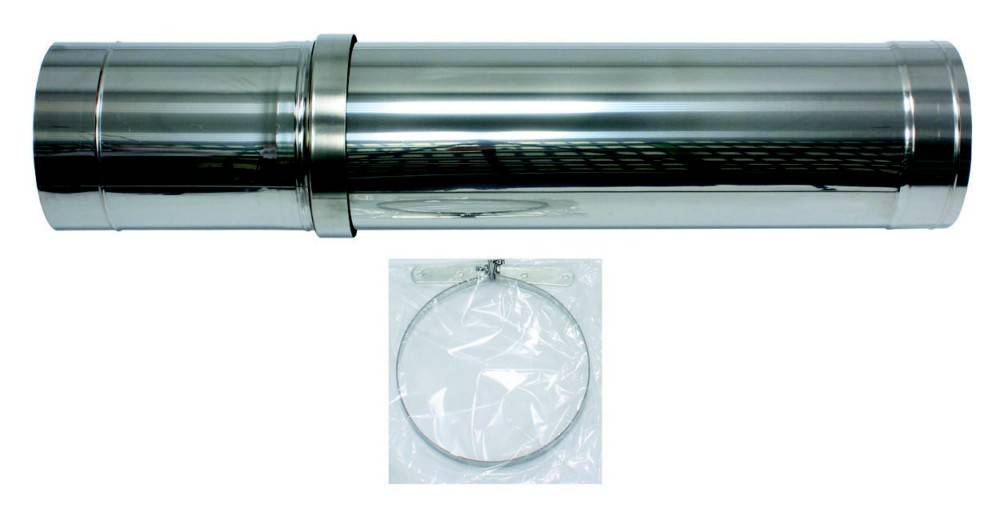 Edelstahl-Schornsteinrohr mit verstellbarer Metallbandbefestigung für eine sichere Installation.
