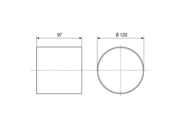 Technische Zeichnung mit einem Quadrat mit einer Breite von 97 Einheiten und einem Kreis mit einem Durchmesser von 120 Einheiten, entlang einer Mittelachse ausgerichtet.