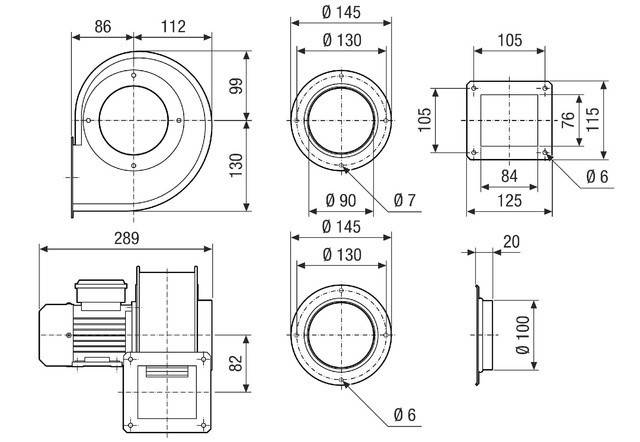 Technische Zeichnung einer Lüfteranordnung mit Maßangaben, die Vorder-, Seiten- und Draufsicht zeigt. Wichtige Abmessungen umfassen 289 mm Länge und 130 mm Höhe.