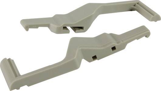 „Ein Paar beige, eckige Kunststoffteile mit Aussparungen, die so gestaltet sind, dass sie sich ineinander verhaken oder an eine andere Komponente anschließen lassen, dargestellt vor einem weißen Hintergrund.
