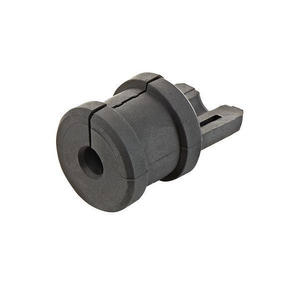 Eine Nahaufnahme einer schwarzen Gummitülle mit zylindrischer Form und zentraler Durchbohrung, die zum Schutz von Kabeln durch Metallpaneele verwendet wird.