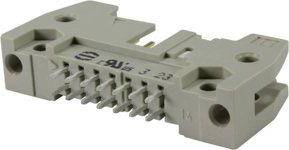 Eine Nahaufnahme eines grauen elektronischen Steckverbinders mit mehreren sich erstreckenden Metallstiften. Die Teilenummer '14' ist auf der rechten Seite sichtbar.