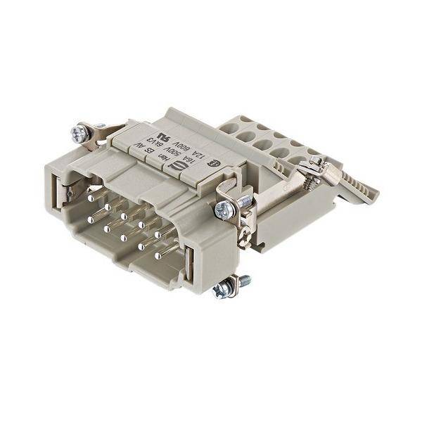 Ein beigefarbener, rechteckiger elektrischer Anschluss mit 16 Kontakten, der für industrielle Anwendungen konzipiert ist und Metallschrauben sowie einen Verriegelungsmechanismus aufweist.