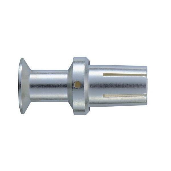 Eine silberne Metallkomponente mit einem zylindrischen Körper und flacher Basis, die ein zentrales Loch und vier hervorstehende Schlitze am gegenüberliegenden Ende aufweist.