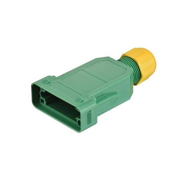 Grüner und gelber Kunststoff-Elektroverbinder mit mehreren Anschlüssen, entwickelt für vielseitige Kabelverbindungen in elektronischen Geräten.