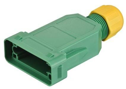 Grüner und gelber Kunststoff-Elektroverbinder mit rechteckiger Form und offener Endseite, verwendet für elektrische oder elektronische Geräteverbindungen.