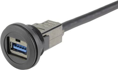 Ein schwarzes USB-Kabel mit einem Metallstecker, das einen blauen Innenbereich aufweist und für die Datenübertragung und das Aufladen elektronischer Geräte entwickelt wurde.