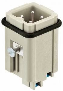 Ein Nahaufnahmefoto einer beige-schwarzen elektrischen Komponente mit sichtbarer Schraube und zwei Steckdosen.