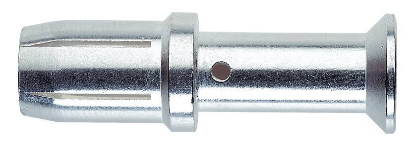 Ein Nahaufnahmebild eines glänzenden Metallrohrs mit einem kreisförmigen Loch und einer gezackten Kante, möglicherweise Teil eines Werkzeugs oder einer Maschine.