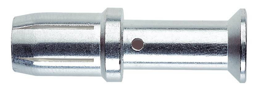 Eine Nahaufnahme einer glänzenden, metallischen Verbindungskomponente mit zwei unterschiedlichen Kerben und einem kreisförmigen Loch, die häufig in Audiogeräten verwendet wird.