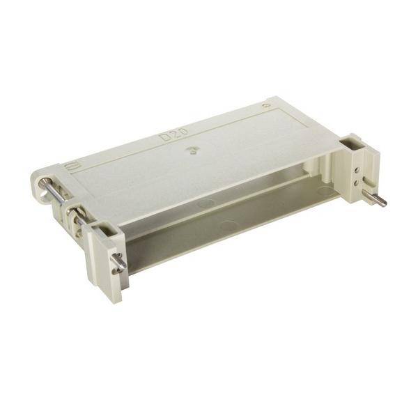 Ein Befestigungsuntergrund aus Kunststoff für die DIN-Schiene in rechteckiger Form mit offener Mitte, konzipiert zur Befestigung von elektrischen Geräten.