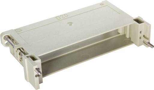 Eine weiße Plastik-Elektronikkomponente mit der Beschriftung 'D20' und einem Metallverschluss an einer Ecke, die zum Verbinden oder Gehäusen elektrischer Schaltkreise verwendet wird.