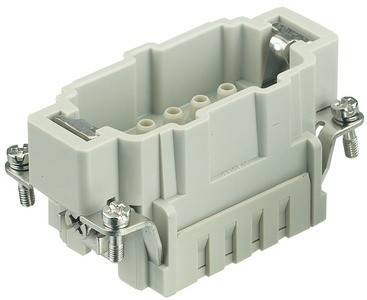 Ein grauer rechteckiger Elektroverbinder mit mehreren Pins und Schrauben zum Befestigen von Drähten; verwendet für industrielle Anwendungen.