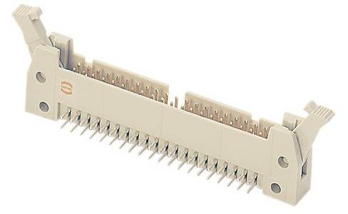 Ein beiger elektronischer Steckverbinder mit mehreren goldenen Pins für elektrische Schaltkreise, wahrscheinlich verwendet beim Zusammenbau von Computern oder elektronischen Geräten.
