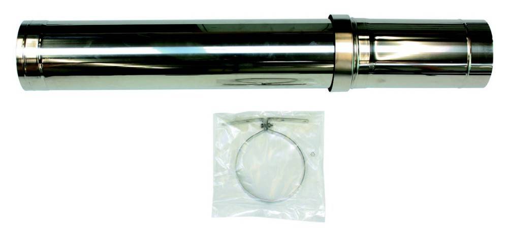 Eine Edelstahlrohrleitung neben einem transparenten, verschlossenen Beutel, der eine kreisförmige Dichtung und eine kleine Metallklammer enthält.