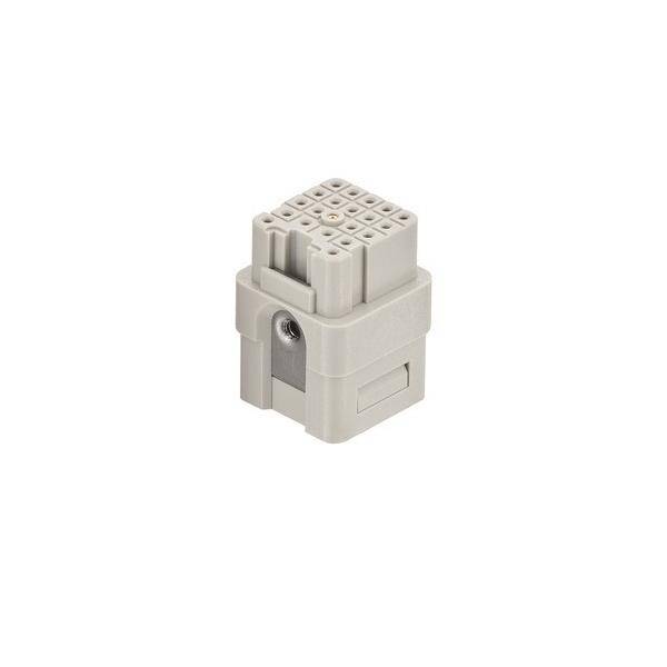 Ein rechteckiger elektrischer Steckverbinder mit mehreren kreisförmigen Kontaktstiften, für industrielle oder elektronische Anwendungen, in einer hellgrauen Farbe.