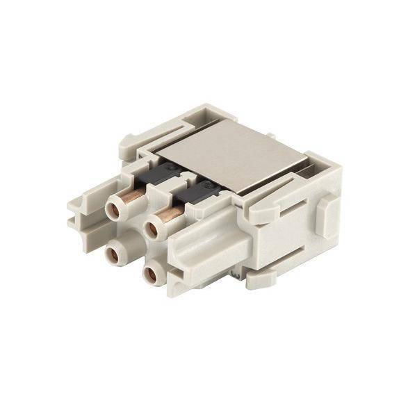 Ein 3-poliger elektrischer Steckverbinder, weiß und rechteckig, entwickelt für sichere elektrische Verbindungen in verschiedenen Geräten oder Systemen.