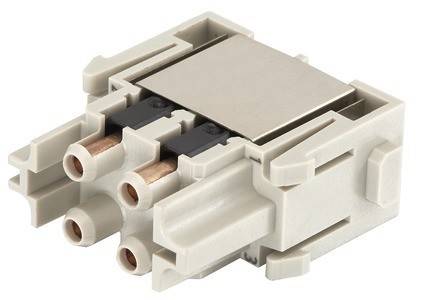 Ein beiger elektrischer Steckverbinder mit drei zylindrischen Eingängen und einer flachen Oberfläche, der zum Anschließen von Drähten in elektronischen Geräten verwendet wird.