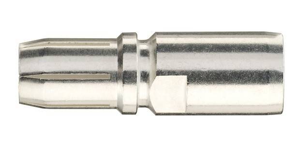 Eine Nahaufnahme eines Metall-Werkzeugs oder Anschlussendstücks mit einem zylindrischen Schaft und einer sechseckigen Basis, das wahrscheinlich für mechanische oder elektrische Verbindungen verwendet wird.