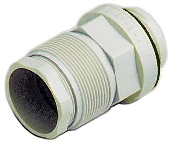 Eine Nahaufnahme einer grauen Kabelverschraubung mit Gewindekörper, die zum Sichern und Abdichten von Kabeln verwendet wird, die durch ein Gehäuse geführt werden.