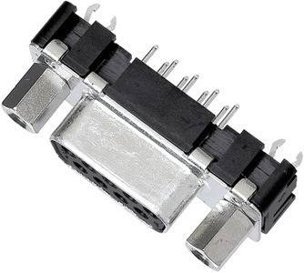 Ein Metallsteckverbinder mit mehreren Pins und zwei Befestigungsbügeln, der zum Anschließen von Kabeln in elektronischen Geräten verwendet wird.