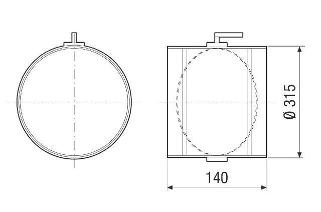 Technische Zeichnung mit zwei Ansichten eines zylindrischen Objekts mit einer Länge von 140 Einheiten. Enthält Drauf- und Seitenansicht mit Maßangaben.