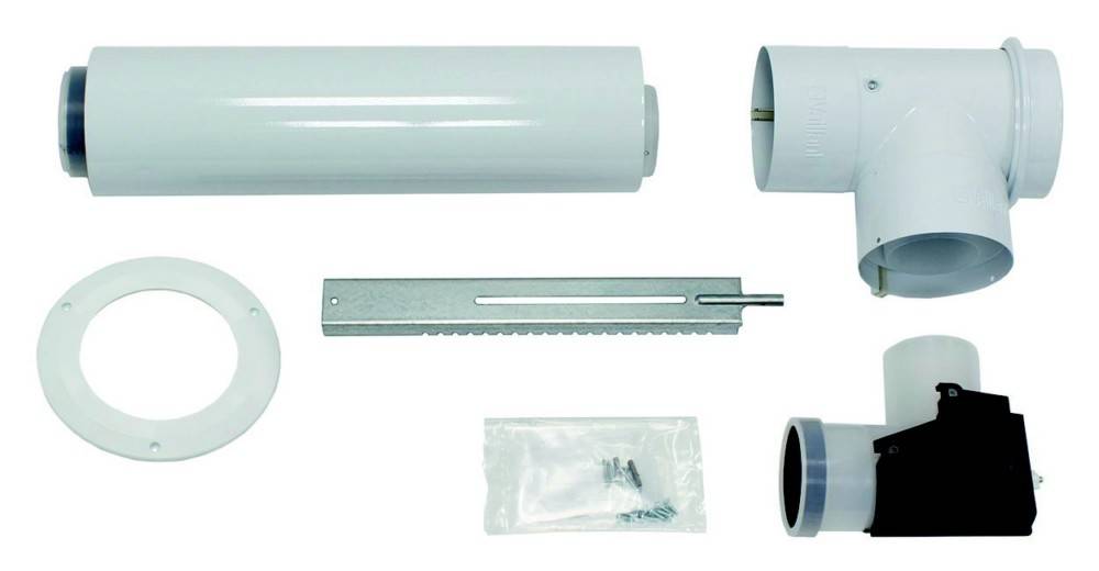 Deckenaufhängungsbracket-Set mit Metallschiene, Schrauben und weißer zylindrischer Verkleidung zum Befestigen und Installieren von Hängegeräten.