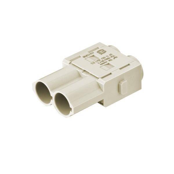 Ein beiger, zweifach-modularer Telefonsteckdosenadapter mit sichtbaren Schlitzen und einem Arretierclip.