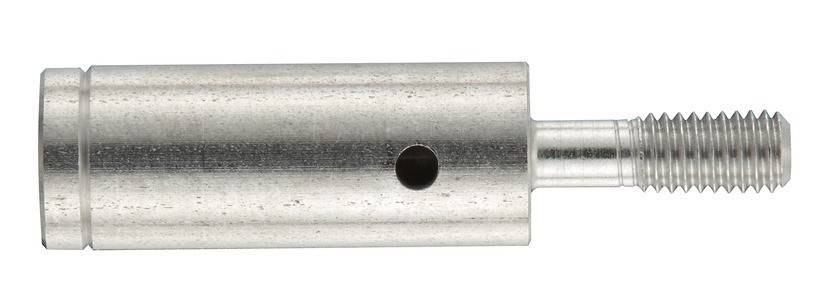 Ein Nahaufnahmebild eines silbernen metallischen zylindrischen Werkzeugs mit einem seitlichen Loch und einer ausfahrenden zylindrischen Stange, höchstwahrscheinlich ein mechanisches Teil oder Verbindungselement.