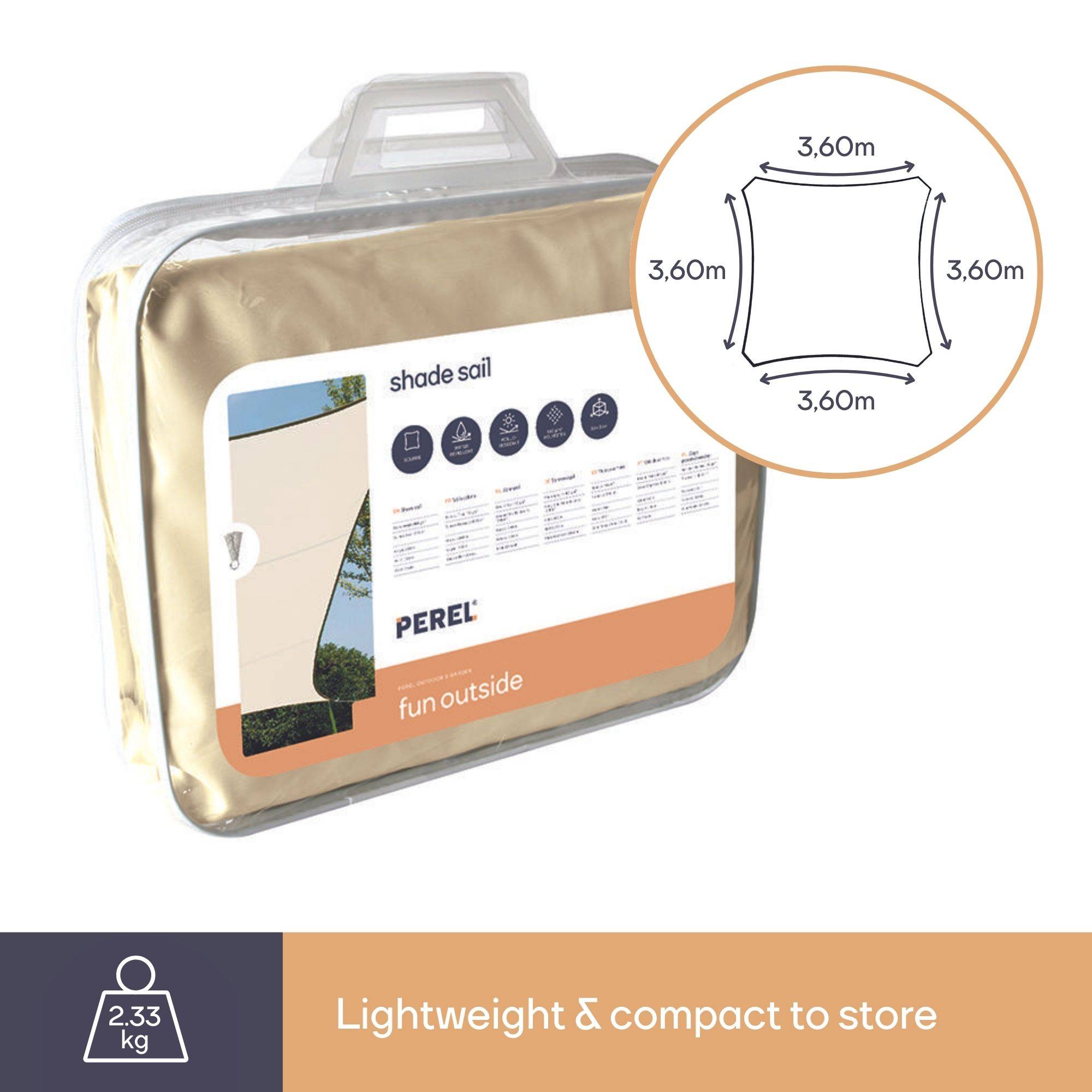 Perel Sonnensegel, wasserabweisend, 3.6 x 3.6 m, 160 g/m², Polyester, Quadrat, Creme