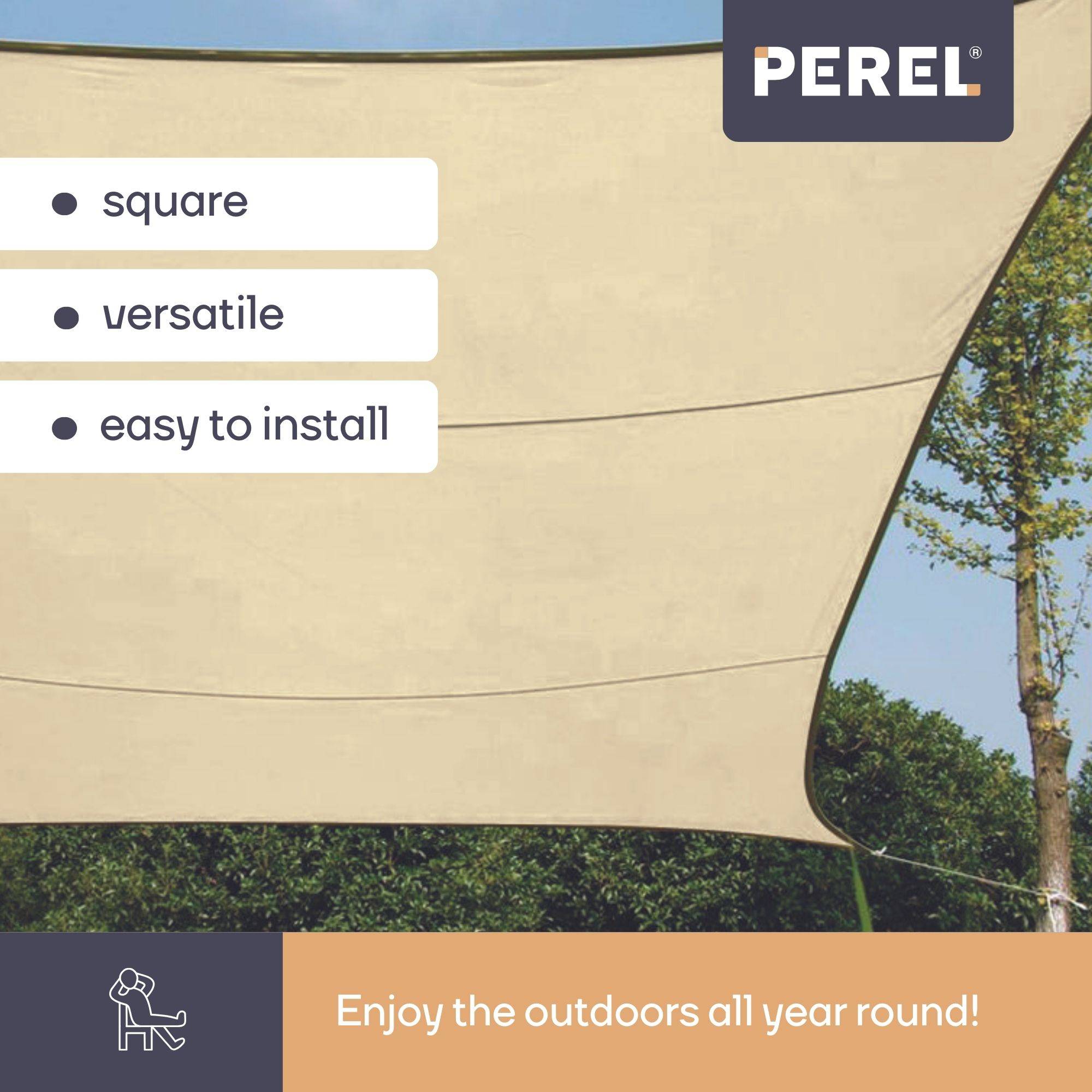 Perel Sonnensegel, wasserabweisend, 3.6 x 3.6 m, 160 g/m², Polyester, Quadrat, Creme