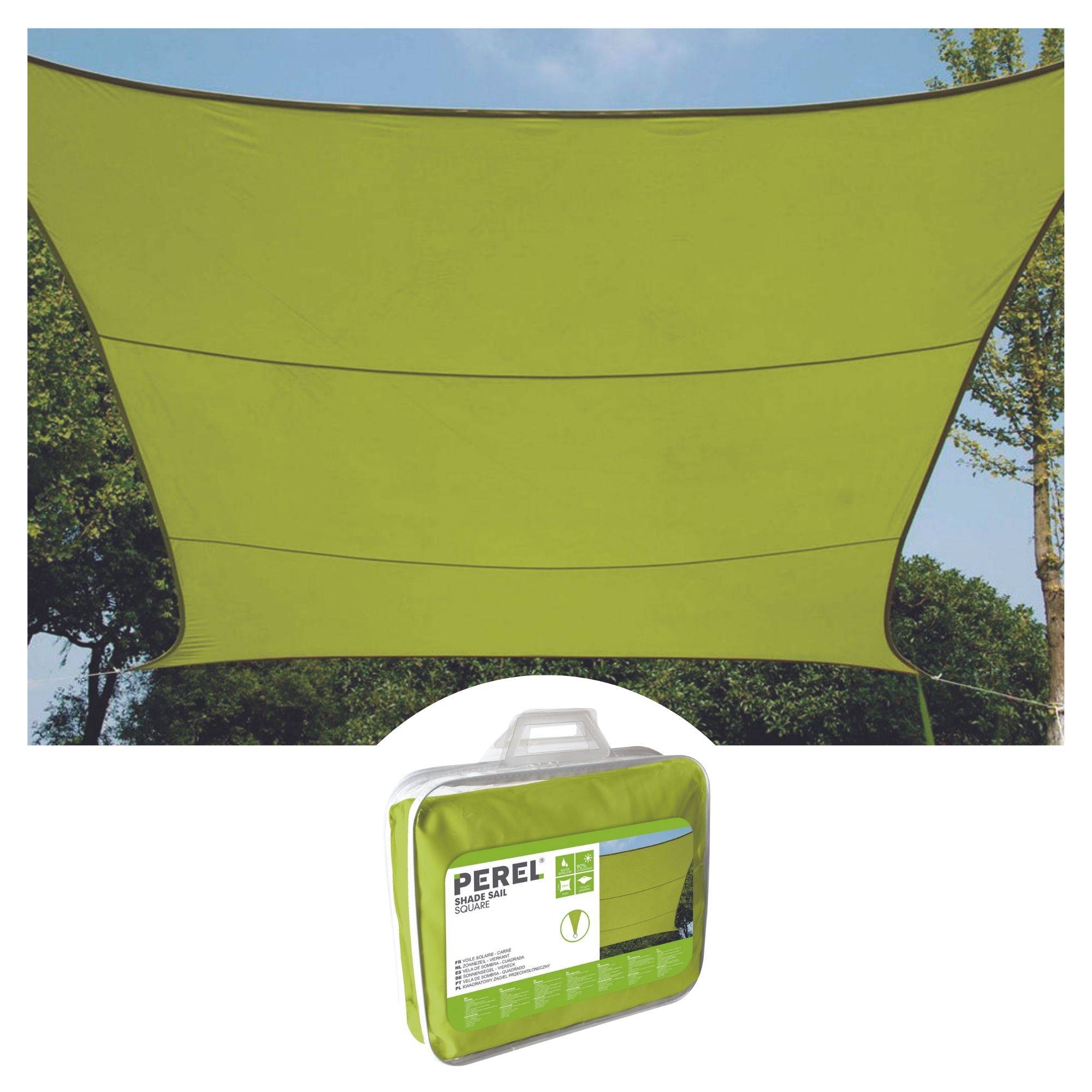 Perel Sonnensegel, wasserabweisend, 3.6 x 3.6 m, 160 g/m², Polyester, Quadrat, Limonengrün
