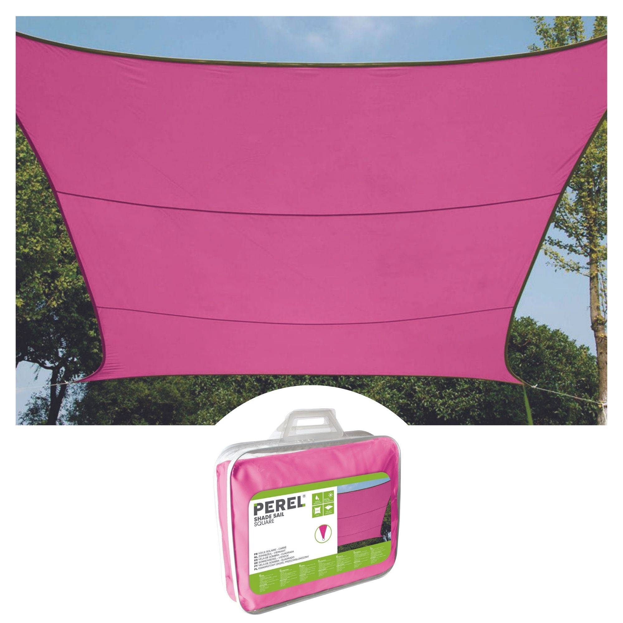 Perel Sonnensegel, wasserabweisend, 3.6 x 3.6 m, 160 g/m², Polyester, Quadrat, Fuchsia