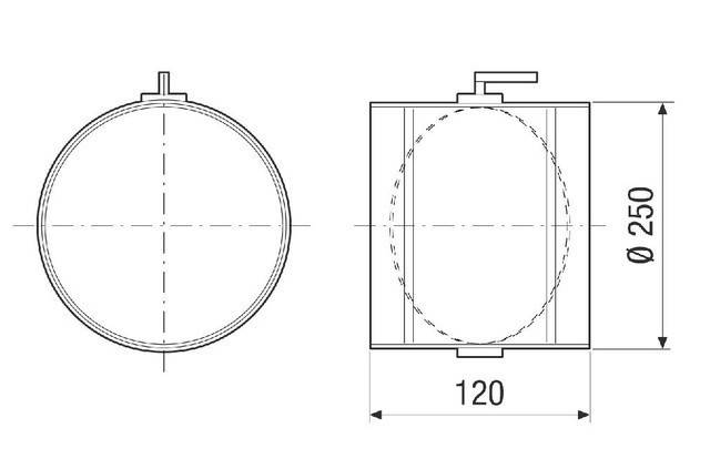Eine technische Zeichnung eines zylindrischen Tanks mit oben angebrachtem Ventil, Vorder- und Seitenansicht. Maßangaben zeigen die Breite mit '120' an.