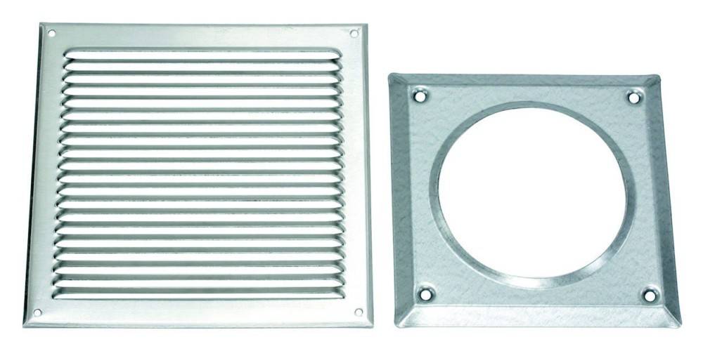 Metallbelüftungsblenden; eine mit horizontalen Lamellen links, die andere mit einer kreisrunden Öffnung rechts, beide in Metallic-Finish.