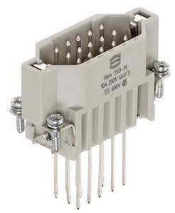 Rechteckiger elektrischer Steckverbinder mit mehreren Kontakten, beschriftet mit 'Han 15D-H 10A 250V 4kV 3', ausgestattet mit Befestigungsschrauben an beiden Seiten.