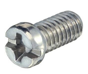 Eine Nahaufnahme einer Metallschraube mit Phillips-Kopf, die detaillierte Gewindestrukturen und eine glänzende Oberfläche vor einem einfarbigen Hintergrund zeigt.