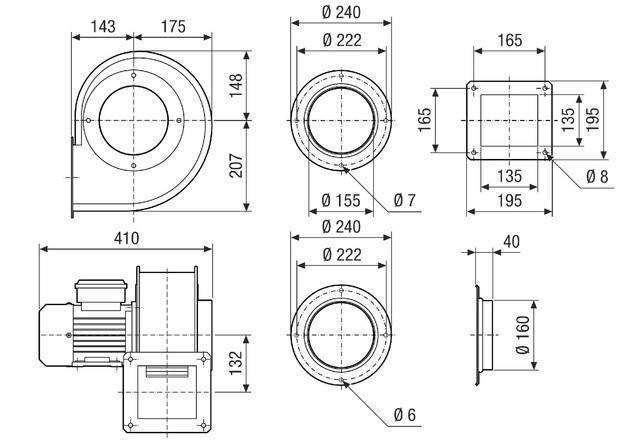 Technische Zeichnung einer zylindrischen mechanischen Komponente mit Maßangaben in Millimetern, einschließlich verschiedener Ansichten wie Vorder-, Seiten- und Draufsicht.