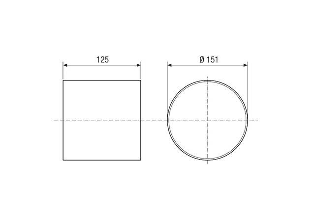 Eine technische Skizze, die ein Quadrat mit einer Seitenlänge von 125 und einen Kreis mit einem Durchmesser von 151 nebeneinander zeigt.