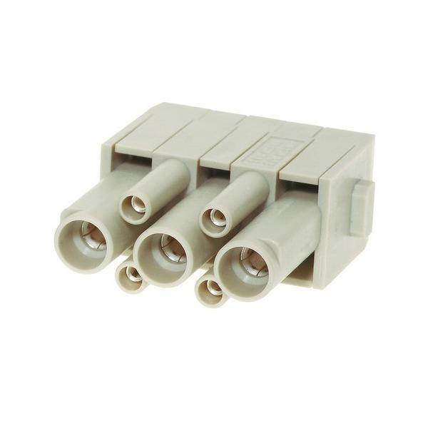 Ein dreipoliger elektrischer Steckverbinder mit zylindrischen Buchsen, der zum Verbinden und Trennen elektrischer Schaltkreise verwendet wird.