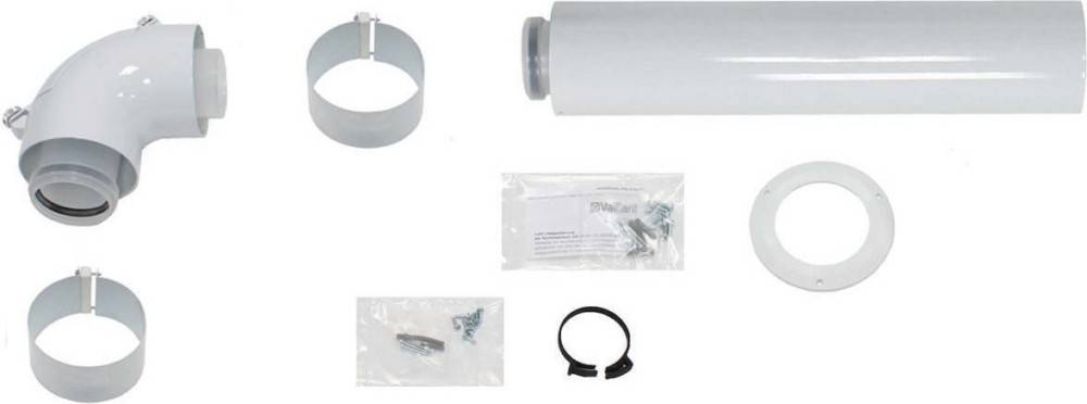 Komponenten eines Rohrmontage-Sets, einschließlich eines Rohrabschnitts, Halterungsbügel, Schrauben in Tüten und einer Gummidichtung.